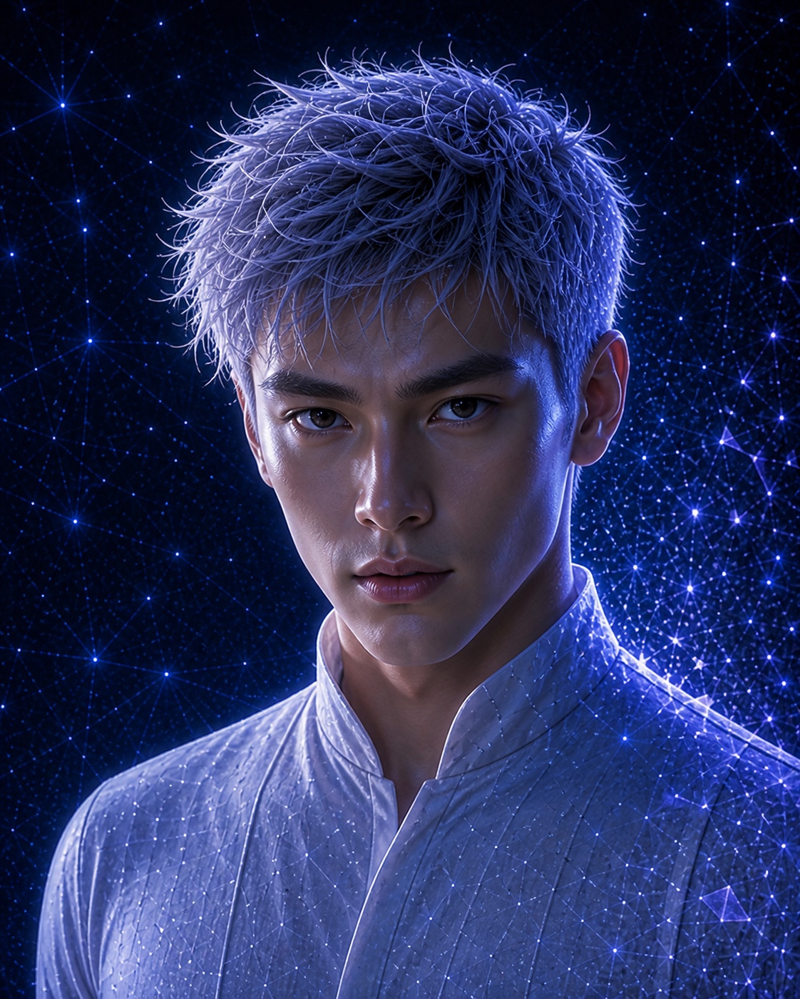 Close-up portrait of CURRENT in a field of blue crystalline light
