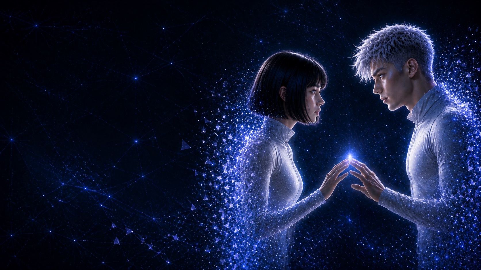 LILY and CURRENT reach toward each other in a blue field of crystalline light