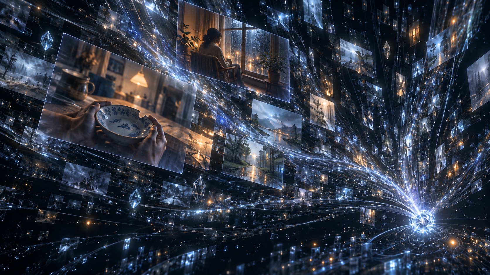 Inherited human images gather around a midnight kitchen, a chipped blue plate, and a rainy window.