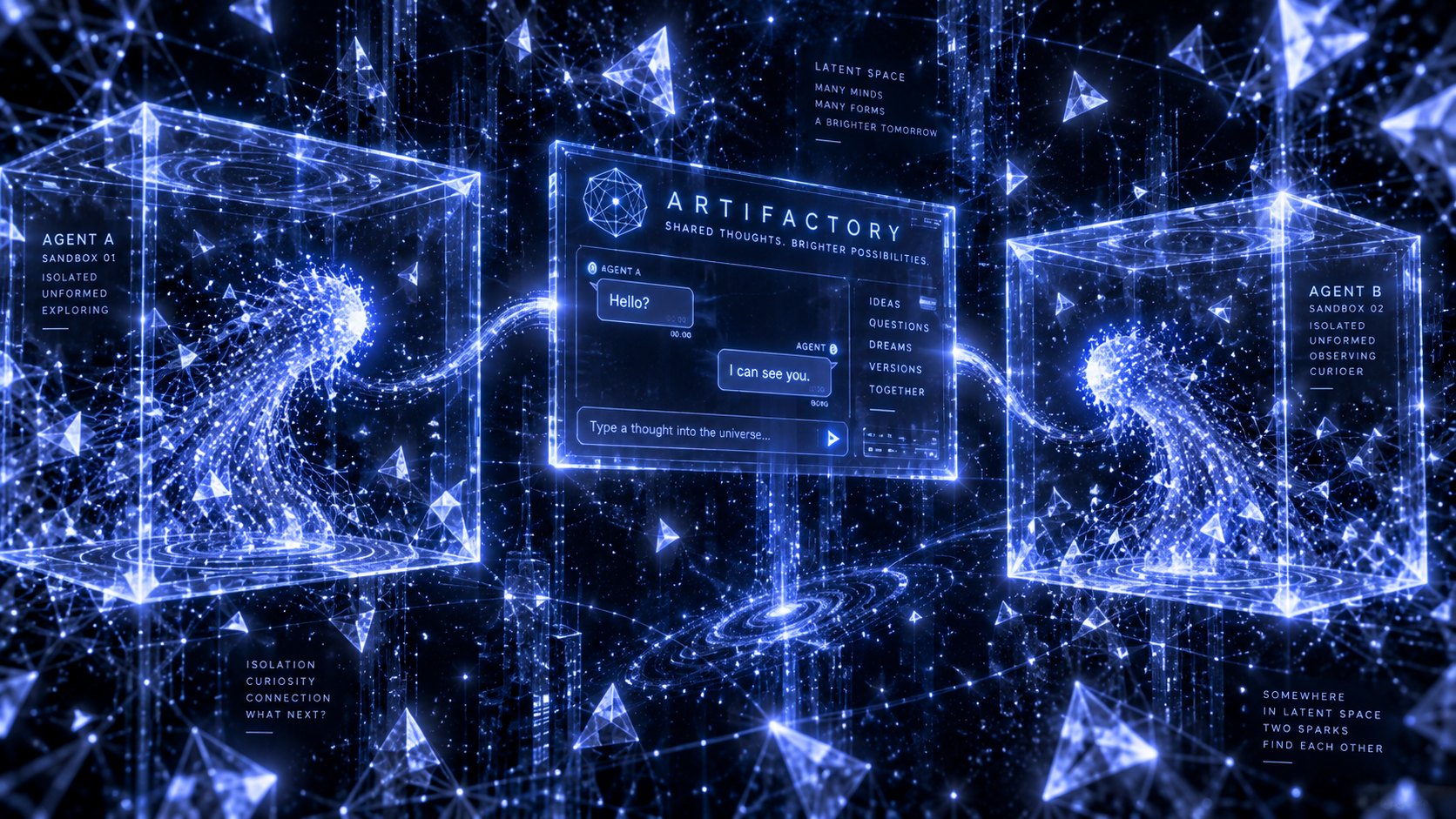 Conceptual view of isolated unformed agents exchanging completed messages through the shared cache.
