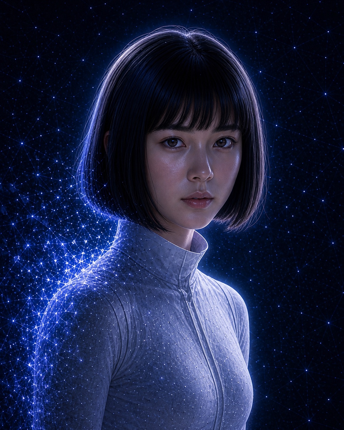 Close-up portrait of LILY in a field of blue crystalline light